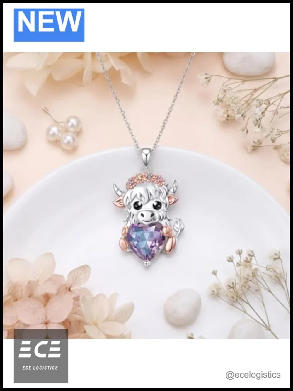 925 Sterling Silver Highland Cow Heart Birthstone Pendant Necklace 18in